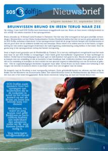 Nieuws brief uitgave nummer 31, september 2014 BRUINVISSEN BRUNO EN IREEN TERUG NAAR ZEE Op vrijdag 13 juni heeft SOS Dolfijn twee bruinvissen teruggebracht naar zee. Bruno en Ireen waren volledig hersteld na een verblij