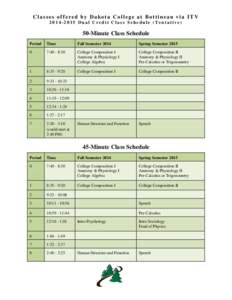 Classes offered by Dakota College at Bottineau via ITV[removed]Dual Credit Class Schedule (Tentative) 50-Minute Class Schedule Period