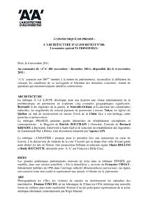 - COMMUNIQUÉ DE PRESSE L’ARCHITECTURE D’AUJOURD’HUI N°386 Un numéro spécial PATRIMOINE(S) Paris, le 8 novembreAu sommaire de ‘A’A’ 386 (novembre - décembre 2011), disponible dès le 4 novembre 201