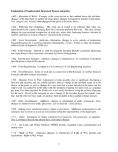 Explanation of Supplemental Agreement Reason categories: 1402 – Alteration of Work: Changes to the cross section of the roadbed above the sub-base, changes to the placement or number of bridge piers, changes to locatio