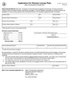 Idaho Application For Wrecker License Plate - ITD 3387