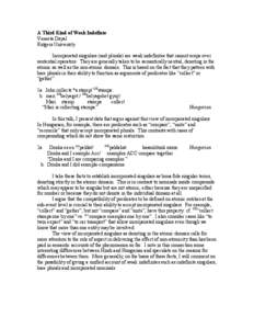 A Third Kind of Weak Indefinte Veneeta Dayal Rutgers University Incorporated singulars (and plurals) are weak indefinites that cannot scope over sentential operators. They are generally taken to be semantically neutral, 