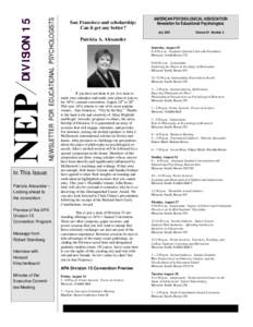 NEWSLETTER FOR EDUCATIONAL PSYCHOLOGISTS  DIVISION 15 In This Issue:  Patricia Alexander –