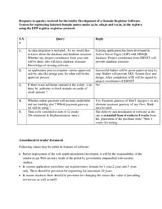 Response to queries received for the tender Development of a Domain Registrar Software System for registering Internet domain names under ac.in, edu.in and res.in, in the registry using the EPP registry-registrar protoco