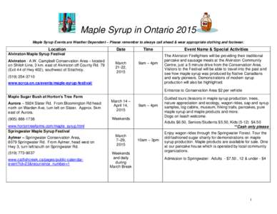 Maple Syrup in Ontario 2015 Maple Syrup Events are Weather Dependent – Please remember to always call ahead & wear appropriate clothing and footwear. Location  Date