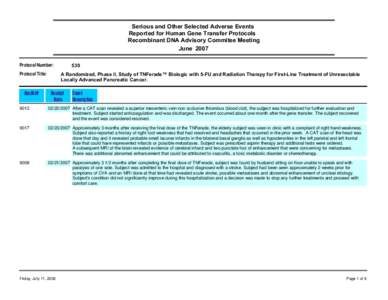 Serious and Other Selected Adverse Events Reported for Human Gene Transfer Protocols Recombinant DNA Advisory Commitee Meeting June 2007 Protocol Number:	 Protocol Title: