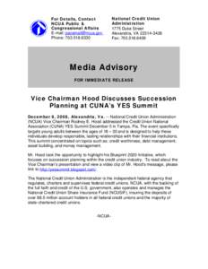 Media Advisory - Vice Chairman Hood Discusses Succession Planning at CUNA’s YES Summit