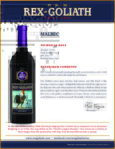 Appellation: Argentina  MALBEC TECHNICAL DATA Alcohol: 13.5% Total Acidity: 5.8g/L