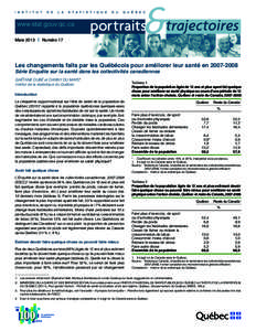Mars[removed]Numéro 17 Les changements faits par les Québécois pour améliorer leur santé en[removed]Série Enquête sur la santé dans les collectivités canadiennes