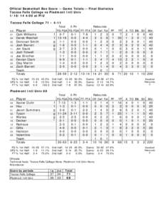 Official Basketball Box Score -- Game Totals -- Final Statistics Toccoa Falls College vs Piedmont Intl Univ[removed]:00 at PIU Toccoa Falls College 71 • 4-11 ##