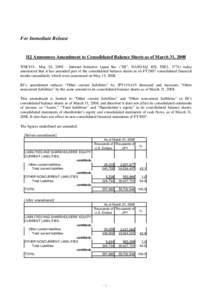 For Immediate Release  IIJ Announces Amendment to Consolidated Balance Sheets as of March 31, 2008 TOKYO-- May 26, Internet Initiative Japan Inc. (