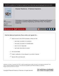 This PDF is available from The National Academies Press at http://www.nap.edu/catalog.php?record_id=Disaster Resilience: A National Imperative Committee on Increasing National Resilience to Hazards and Disasters; 