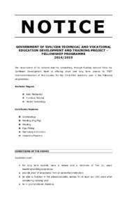 NOTICE GOVERNMENT OF SVG/CDB TECHNICAL AND VOCATIONAL EDUCATION DEVELOPMENT AND TRAINING PROJECT – FELLOWSHIP PROGRAMME[removed]