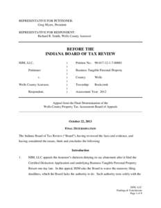 REPRESENTATIVE FOR PETITIONER: Greg Myers, President REPRESENTATIVE FOR RESPONDENT: Richard R. Smith, Wells County Assessor  BEFORE THE