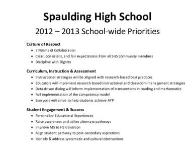 Spaulding High School 2012 – 2013 School-wide Priorities Culture of Respect • 7 Norms of Collaboration • Clear, consistent, and fair expectations from all SHS community members • Discipline with Dignity