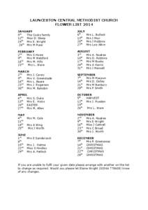 LAUNCESTON CENTRAL METHODIST CHURCH FLOWER LIST 2014 JANUARY 5th The Cocks family th