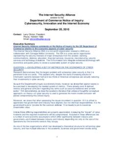 The Internet Security Alliance answer to the Department of Commerce Notice of Inquiry: Cybersecurity, Innovation and the Internet Economy September 20, 2010