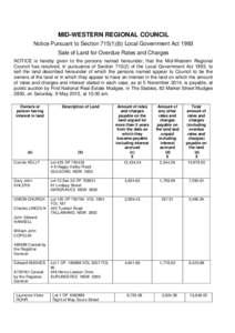 MID-WESTERN REGIONAL COUNCIL Notice Pursuant to Section[removed]b) Local Government Act 1993 Sale of Land for Overdue Rates and Charges NOTICE is hereby given to the persons named hereunder, that the Mid-Western Regional 