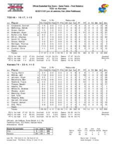 Official Basketball Box Score -- Game Totals -- Final Statistics TCU vs Kansas[removed]:01 p.m. at Lawrence, Kan. (Allen Fieldhouse) TCU 48 • 10-17, 1-13 ##