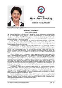 Speech By  Hon. Jann Stuckey MEMBER FOR CURRUMBIN  Record of Proceedings, 3 April 2014