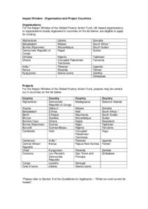 Impact Window - Organisation and Project Countries November 2013