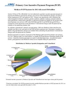 Primary Care Incentive Payment Program (PCIP) Medicare PCIP Payments for 2011 will exceed $560 million Section 5501(a) of The Affordable Care Act authorized a quarterly incentive payment program to augment the Medicare p