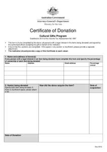 Certificate of Donation Cultural Gifts Program Subdivision 30-A of the Income Tax Assessment Act 1997   