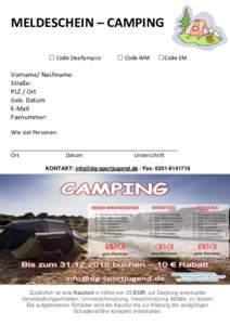 MELDESCHEIN – CAMPING ☐ Code Deaflympics ☐ Code WM  ☐Code EM