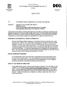 DEPARTMENT OF ENVIRONMENTAL QUALITY City of Pontiac, Oakland County Water Main Replacement and Looping Drinking Water Revolving Fund (DWRF) Environmental Assessment April 2014