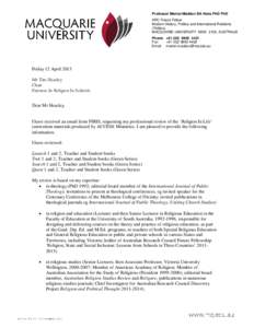 Professor Marion Maddox BA Hons PhD PhD ARC Future Fellow Modern History, Politics and International Relations (Politics) MACQUARIE UNIVERSITY NSW 2109 AUSTRALIA Phone +