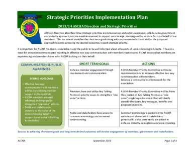 Strategic Priorities Implementation Plan[removed]ASCHA Direction and Strategic Priorities ASCHA’s Direction identifies three strategic priorities (communication and public awareness; collaborative government and indust