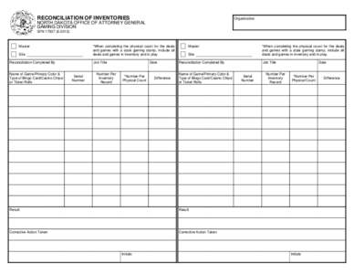 RECONCILIATION OF INVENTORIES  Organization NORTH DAKOTA OFFICE OF ATTORNEY GENERAL GAMING DIVISION