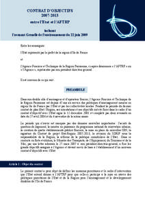 CONTRAT D’OBJECTIFS[removed]entre l’Etat et l’AFTRP incluant l’avenant Grenelle de l’environnement du 22 juin 2009 Entre les soussignés :