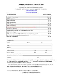 MEMBERSHIP INVESTMENT FORM Coldspring / San Jacinto County Chamber of Commerce P O Box 980 – 31 Butler Street – Coldspring, Texas 77331 – [removed]removed] www.coldspringtexas.org Type of Members