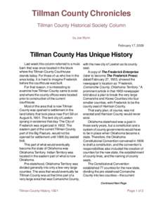 Tillman County Chronicles Tillman County Historical Society Column by Joe Wynn February 17, 2009  Tillman County Has Unique History