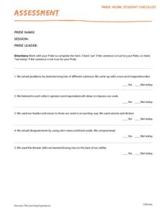 ASSESSMENT  PRIDE WORK STUDENT CHECKLIST PRIDE NAME: SESSION: