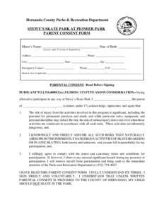 STEWY’S SKATE PARK AT PIONEER PARK PARENT CONSENT FORM