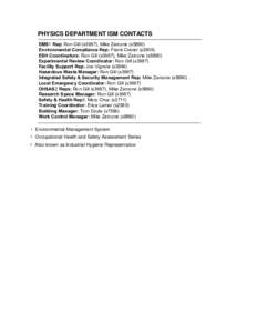 PHYSICS DEPARTMENT ISM CONTACTS EMS1 Rep: Ron Gill (x3987), Mike Zarcone (x5890) Environmental Compliance Rep: Frank Craner (x2905) ESH Coordinators: Ron Gill (x3987), Mike Zarcone (x5890) Experimental Review Coordinator