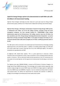 Page 1 of 4  13th February 2014 Liquid Air Energy Storage system to be demonstrated at multi-MW scale with £8 million in UK Government funding