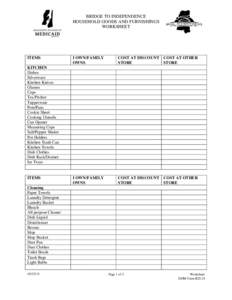 BRIDGE TO INDEPENDENCE HOUSEHOLD GOODS AND FURNISHINGS WORKSHEET ITEMS