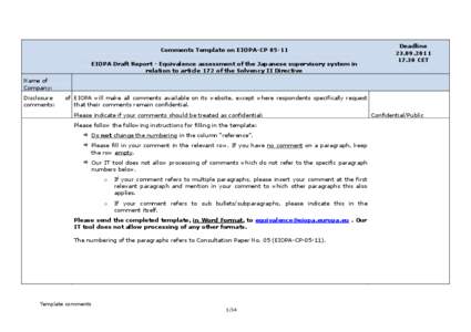 Comments Template on EIOPA CP[removed]EIOPA Draft Report Equivalence assessment of the Japanese supervisory system in relation to article 172 of the Solvency II Directive Deadline[removed]