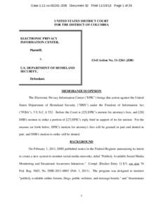 Case 1:11-cv[removed]JDB Document 32 Filed[removed]Page 1 of 26  UNITED STATES DISTRICT COURT FOR THE DISTRICT OF COLUMBIA  ELECTRONIC PRIVACY