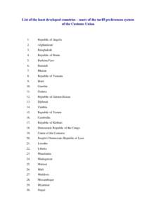 List of the least developed countries – users of the tariff preferences system of the Customs Union 1.  Republic of Angola