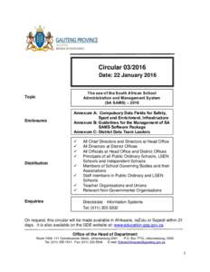 CircularDate: 22 January 2016 The use of the South African School Administration and Management System (SA SAMS) – 2016