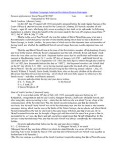 Southern Campaign American Revolution Pension Statements Pension application of David Newell W19907 Ann fn51NC Transcribed by Will Graves North Carolina, Cabarrus County