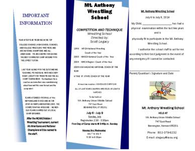 Mt. Anthony Wrestling School IMPORTANT INFORMATION
