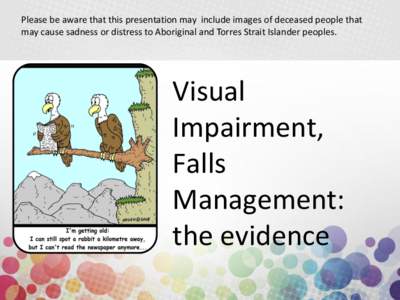 Please be aware that this presentation may include images of deceased people that may cause sadness or distress to Aboriginal and Torres Strait Islander peoples. Visual Impairment, Falls