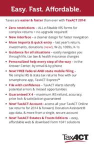 Easy. Fast. Affordable. Taxes are easier & faster than ever with TaxACT 2014! •	 Zero restrictions – ALL e-fileable IRS forms for complex returns = no upgrade required! •	 New interface – a cleaner design for fas