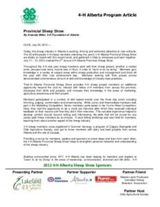 4-H Alberta Program Article  Provincial Sheep Show By Amanda Miller, 4-H Foundation of Alberta  OLDS, July 26, 2012 —