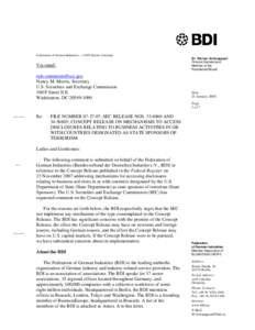 Federation of German Industries – 11053 Berlin, Germany  Via email: [removed] Nancy M. Morris, Secretary U.S. Securities and Exchange Commission